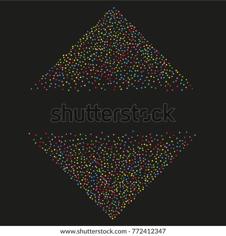 Various sparkle frame or border of random scatter rainbow geometric figures isolated on black.