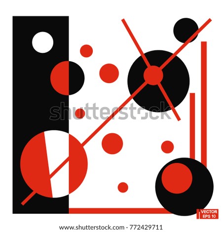 Vector image. Contrast abstract background of geometric shapes. Black and red circles, lines and rectangles.
