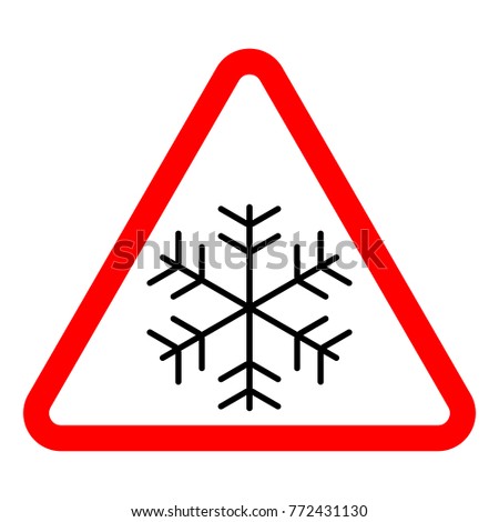 Triangular red sign with black snowflake on white background, vector clip art