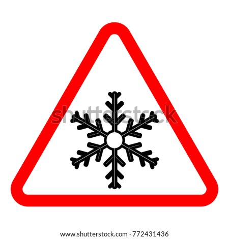 Triangular red sign with black snowflake on white background, vector clip art