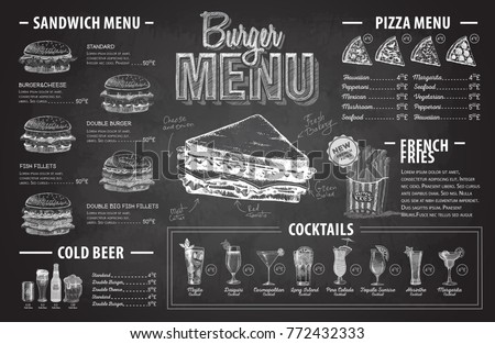 Vintage chalk drawing burger menu design. Fast food menu