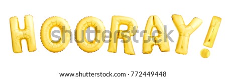 Hooray! word with exclamation mark made of golden inflatable balloons isolated on white background