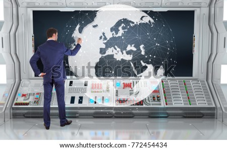 Businessman in modern interior using digital planet earth interface on a board 3D rendering