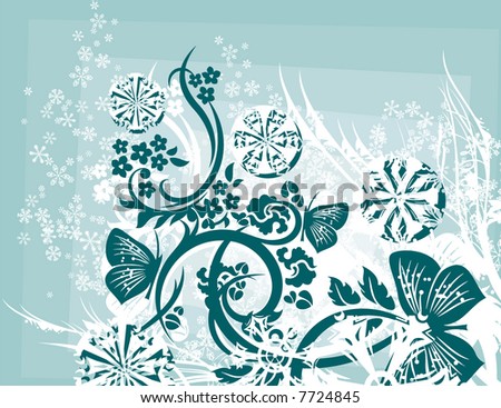 Abstract winter grunge background with floral ornamental details and snowflakes.