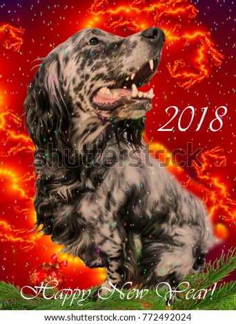 2018 Happy New Year greeting card. Cute Irish Setter on a fractal bright red background. 2018 Chinese New Year of the dog.