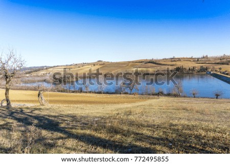 countryside landscape with lake during the blue hour