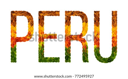 peru. word is written with leaves white isolated background, banner for printing. Beautiful inscription poster of color leaves peru