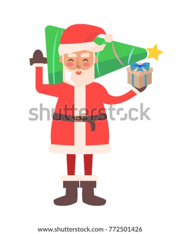 Santa Claus carrying evergreen pine tree decorated with golden star, present with ribbon, joyful winter character, isolated on vector illustration