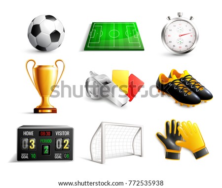 Soccer set of 3d icons with field, ball, trophy, scoreboard, whistle, gloves and boots isolated vector illustration