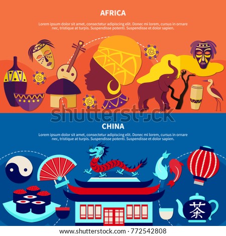 Flat design travelling to china and africa banners set with traditional symbols landmarks cuisine musical instruments on colorful background isolated vector illustration