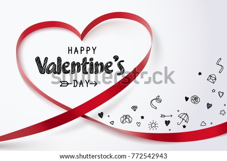 Red heart ribbon and Happy valentine's day with doodles of love icon on white background, vector art and illustration. Royalty-Free Stock Photo #772542943