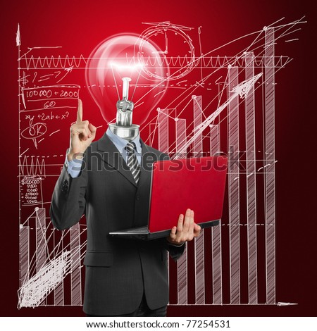 lamp head businessman with red laptop in his hands