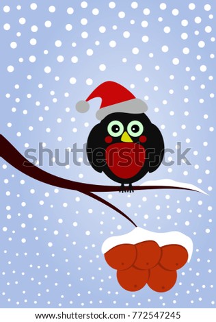 bullfinch sitting on branch in winter forest. Merry Christmas and New Year concept.