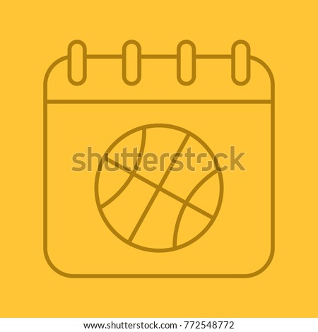 Basketball championship date linear icon. Calendar page with basketball ball. Thin line outline symbols on color background. Raster illustration