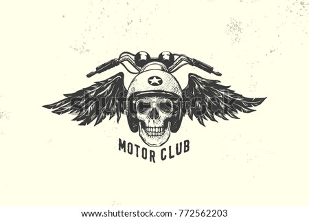 Vintage Motor Club Sign and Label with skull, helmet and wings. Emblem of bikers and riders.