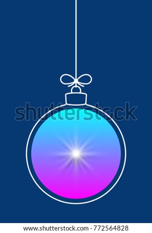 Vector hanging abstract colorful Christmas ball on a string with a bow consisting of multicolored gradient & snowflake, star on blue background