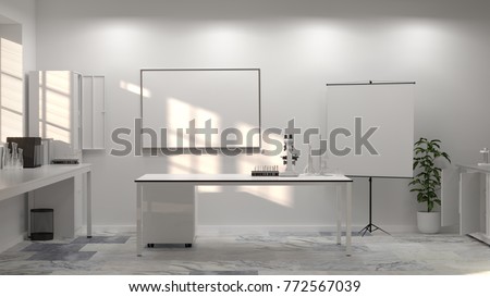 laboratory science laboratory research and development Clean modern white laboratory Horizontal template for a poster Royalty-Free Stock Photo #772567039