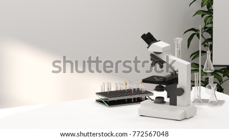 microscope in laboratory development research Clean modern white with lab glassware Horizontal template for a poster laboratory equipment without people science lab research and developer background Royalty-Free Stock Photo #772567048
