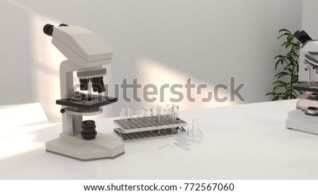 microscope in laboratory development research Clean modern white  Horizontal template for a poster laboratory equipment without people science lab research and develop background Royalty-Free Stock Photo #772567060