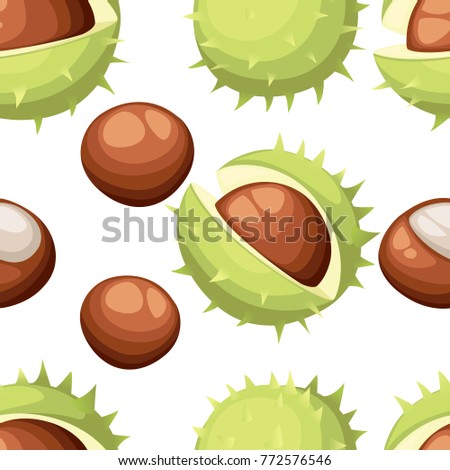 Seamless pattern chesnut peeled and whole horse chestnuts drawing of chestnuts with and without green peel delicious healthy vegan snack flat style vector illustration web site page and mobile app.