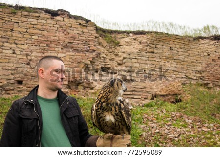 A man is holding a large owl in his hands. Space for copy space.