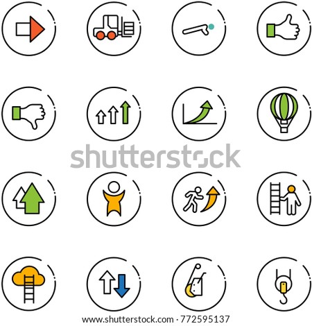 line vector icon set - right arrow vector, fork loader, push ups, like, dislike, arrows up, growth, air balloon, success, career, opportunity, cloud ladder, down, winch
