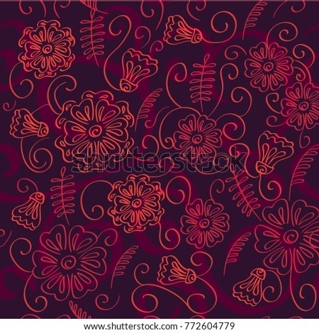 Monochrome Red Floral Outlines. Seamlessly Repeating Pattern of Hand-drawn Flowers for Decorations and Fabric.