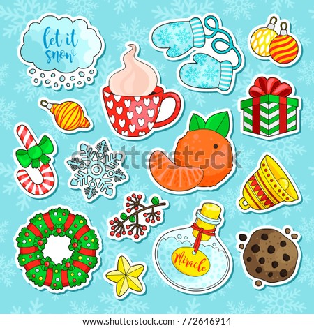 Big set of cute cartoon winter stickers, badges, patches. Christmas doodle collection, hand drawn new year elements. Seamless pattern for your design. Vector clip-art.