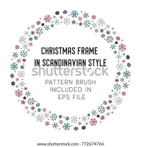 Hand drawn brush with corner tiles in Scandinavian style. Round holiday frame. Design for Christmas frames, borders, dividers, greeting cards. Brush included in eps. Vector illustration.