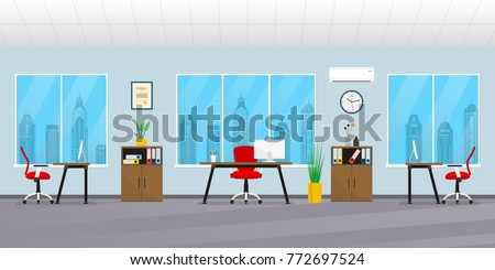 Office interior in flat style. Modern business workspace with office furniture: chair, desk, computer, bookcase, clock on the wall and window. Vector illustration. Royalty-Free Stock Photo #772697524