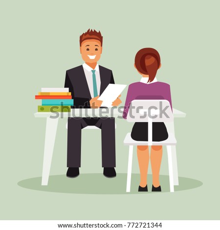 Meeting the interview of the candidate and the boss. Recruitment. Vector illustration