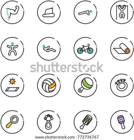 line vector icon set - power hand vector, treadmill, push ups, pull, gymnastics, abdominal muscles, bike, mat, volleyball, beanbag