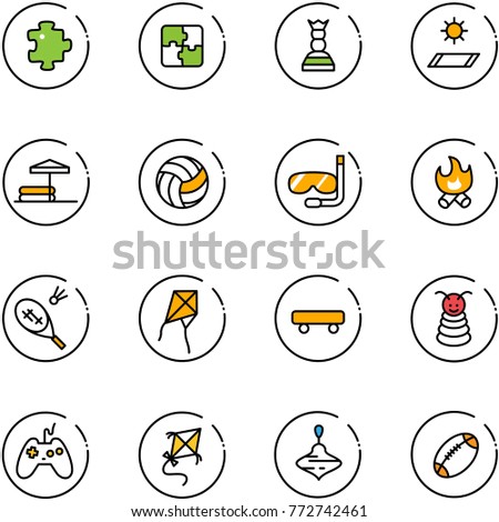 line vector icon set - puzzle vector, chess queen, mat, inflatable pool, volleyball, diving, fire, badminton, kite, skateboard, pyramid toy, joystick, wirligig, football