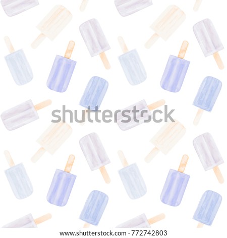Seamless watercolor painting pattern with ice cream Popsicle in pastel color on white isolated background.