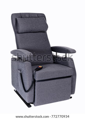 Photographed grey senior lift chair with remote control on white background. Royalty-Free Stock Photo #772770934