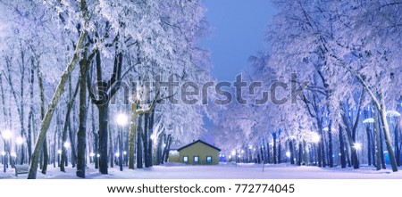 Amazing winter landscape in evening park. Lodge, light lanterns, snow and frosty trees. Artistic picture. Beauty world. Panorama