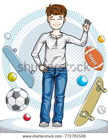 Little boy standing in stylish casual clothes. Vector kid illustration. Childhood lifestyle clip art.