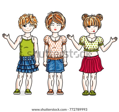 Pretty little girls standing wearing casual clothes. Vector set of beautiful kids illustrations. Childhood and family lifestyle clip art.