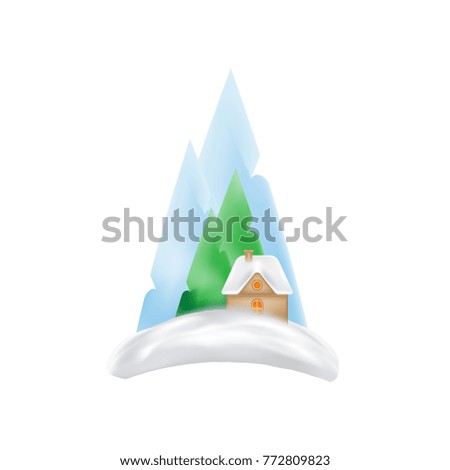 House in the snow against a background of mountains and a Christmas tree isolated on white background. Vector for christmas and new year.