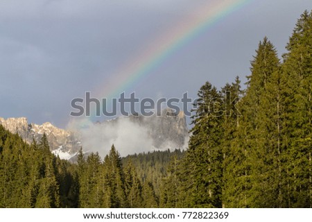 Unbelievable beautiful rainbow above the snowy alpine mountains and pine forest