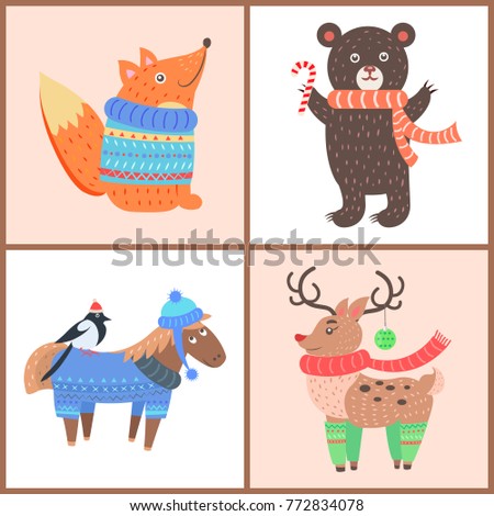 Set of posters with animals, fox wearing sweater and scarf, bear with candy, horse with bird, and beautiful reindeer with socks vector illustration