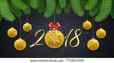 happy new year 2018 banner template christmas tree, golden glitter balls and ribbons decoration for flyers, poster, web, banner, and card vector illustration