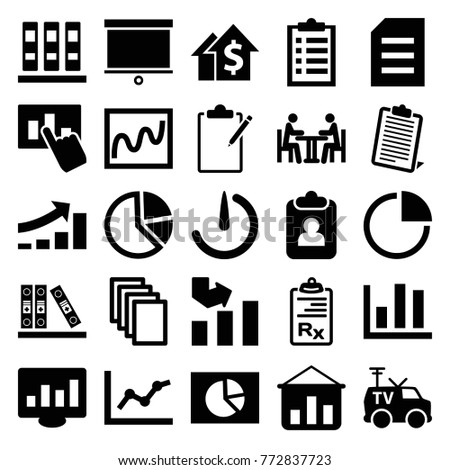 Set of 25 report filled icons such as graph, paper, binder, chart, pie chart, dolar growth, clipboard, graph on board, checklist, hand on graph, tv van, chart on display