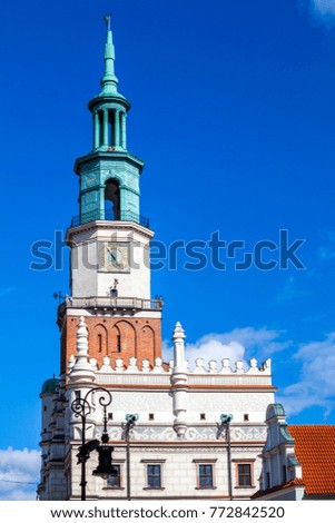 Close up of historic Poznan City Hall located in the middle of a main square, Poland