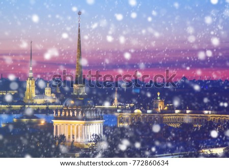 Winter in Russia. Christmas background : Saint Petersburg at winter evening. Vintage colored picture. X-mas, New Year, Europe, Love and travel concept