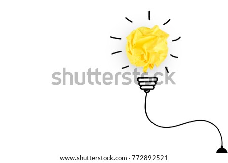 Creative idea, Inspiration, New idea and Innovation concept with Crumpled Paper light bulb on white background.