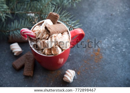 cocoa with marshmallows, Christmas tree branches and Christmas decorations