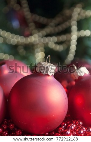close-up of Christmas balls on the background of Christmas lights.