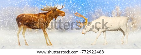 Christmas picture of elk and deer met in a snowy snowstorm