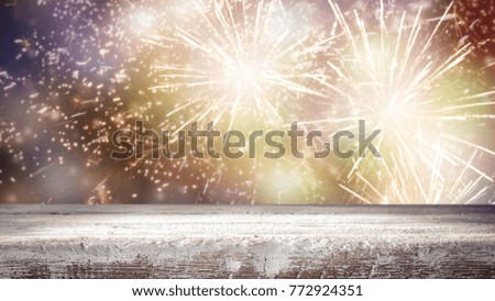 Desk of free space and fireworks decoration. 